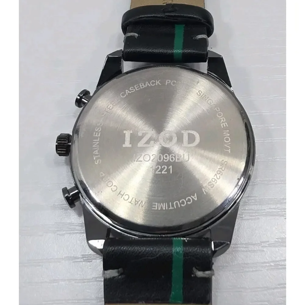 Mens Izod Watch Round Black Dial Black & Green Faux Leather Band New Battery 269